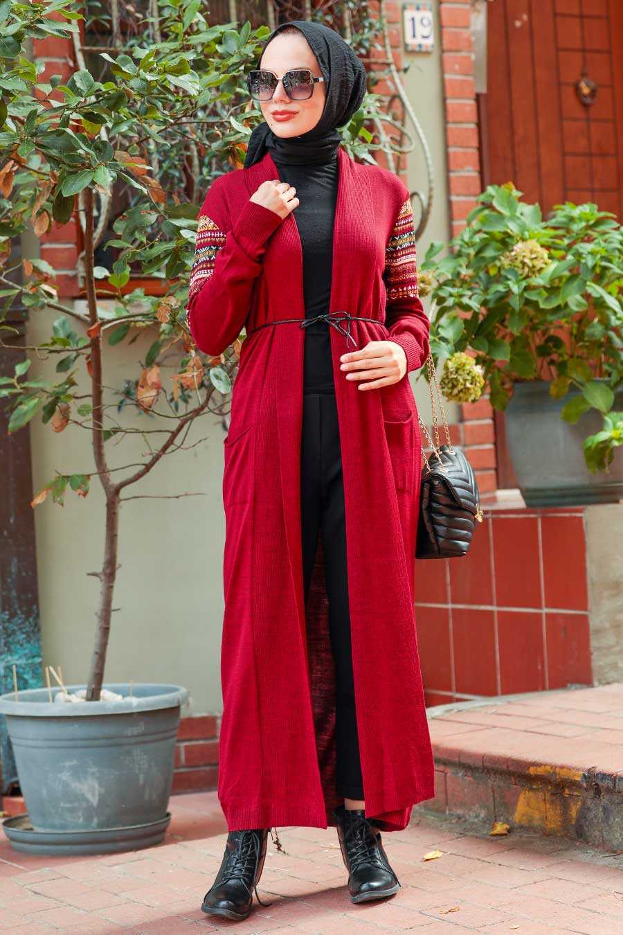 Claret Red Hijab Knitwear Cardigan 15725BR