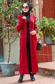 Claret Red Hijab Knitwear Cardigan 15725BR - Thumbnail