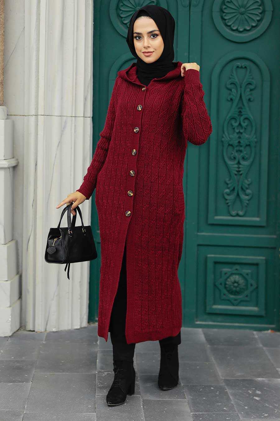 Claret Red Hijab Knitwear Cardigan 70250BR