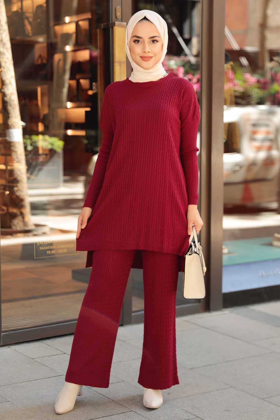Claret Red Hijab Knitwear Suit Dress 33450BR