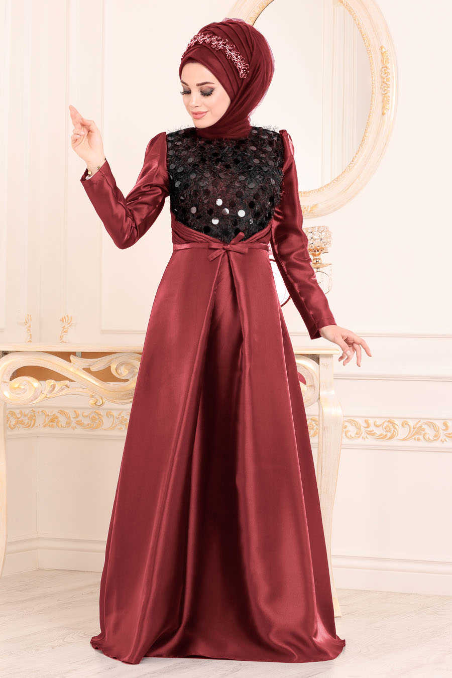 Claret Red Hijab Evening Dress 3755BR