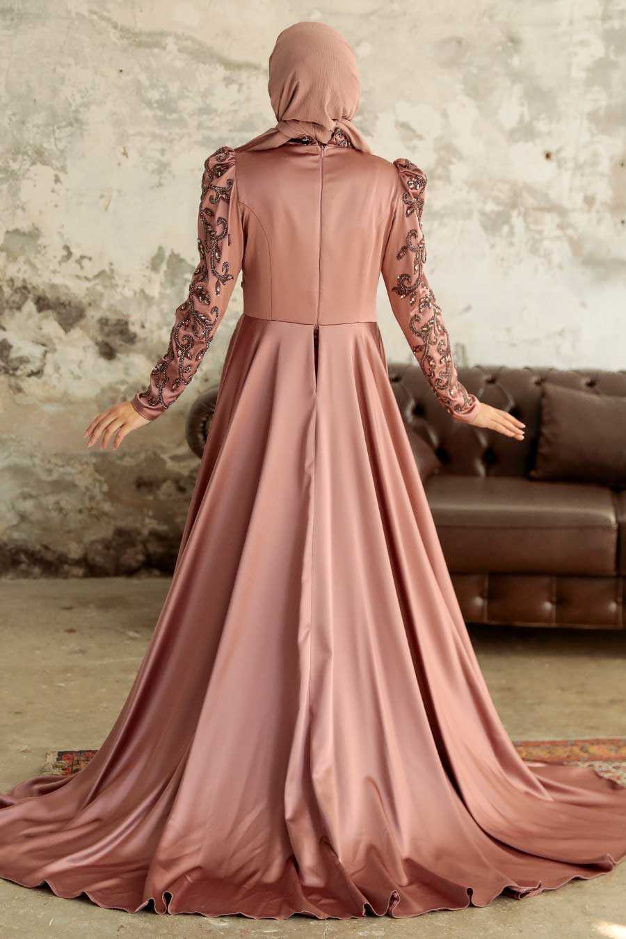 Neva Style - Satin Cooper Islamic Clothing Wedding Dress 2282BKR