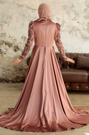 Neva Style - Satin Cooper Islamic Clothing Wedding Dress 2282BKR - Thumbnail
