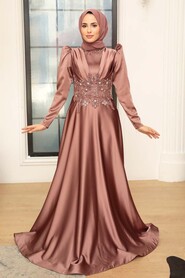 Copper Hijab Evening Dress 22640BKR - Thumbnail