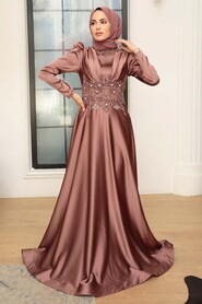 Copper Hijab Evening Dress 22640BKR - Thumbnail