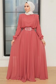 Coral Hijab Evening Dress 36050MR - Thumbnail