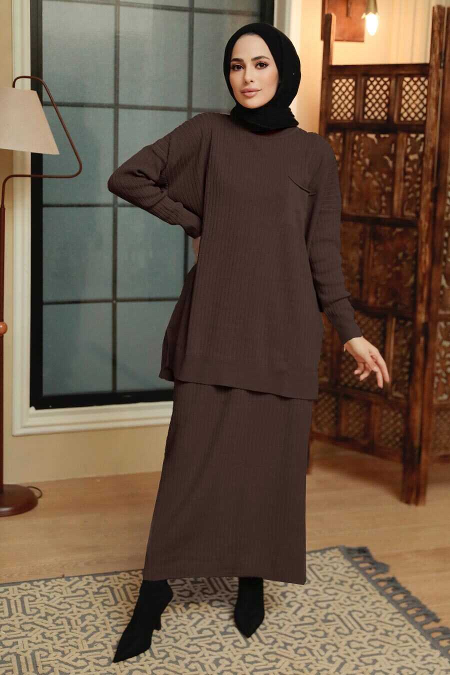 Dark Brown Hijab Knitwear Suit Dress 34021KKH
