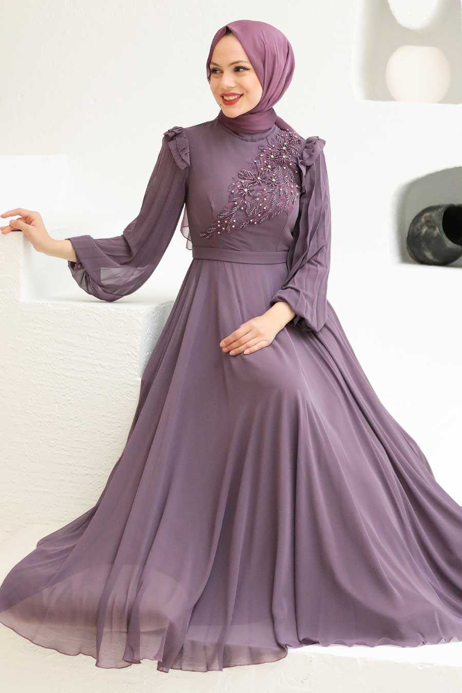 Dark Dusty Rose Hijab Evening Dress 22110KGK - Neva-style.com