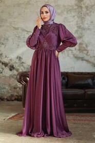 Dark Dusty Rose Hijab Evening Dress 25822KGK - Thumbnail