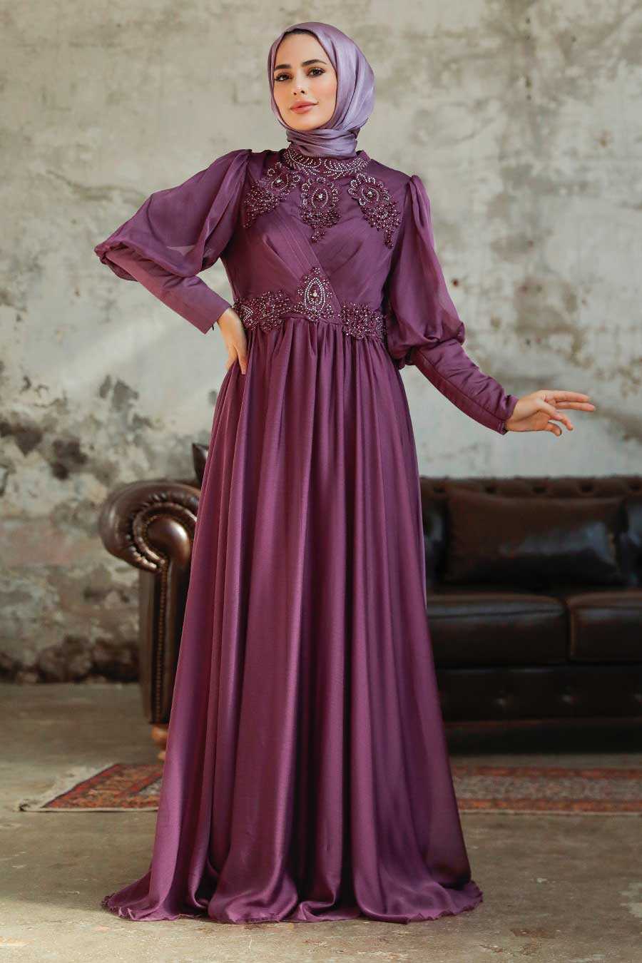 Dark Dusty Rose Hijab Evening Dress 25822KGK