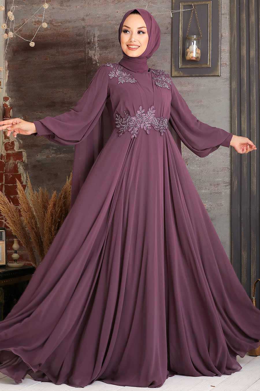 Dark Dusty Rose Hijab Evening Dress 9130KGK