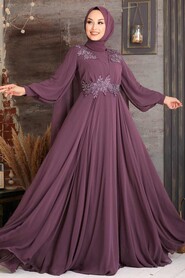 Dark Dusty Rose Hijab Evening Dress 9130KGK - Thumbnail
