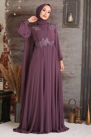 Dark Dusty Rose Hijab Evening Dress 9130KGK - Thumbnail