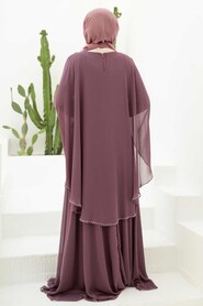 Dark Dusty Rose Hijab Evening Dress 91501KGK - Thumbnail