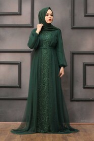 Neva Style - Luxorious Dark Green Islamic Evening Gown 5383KY - Thumbnail