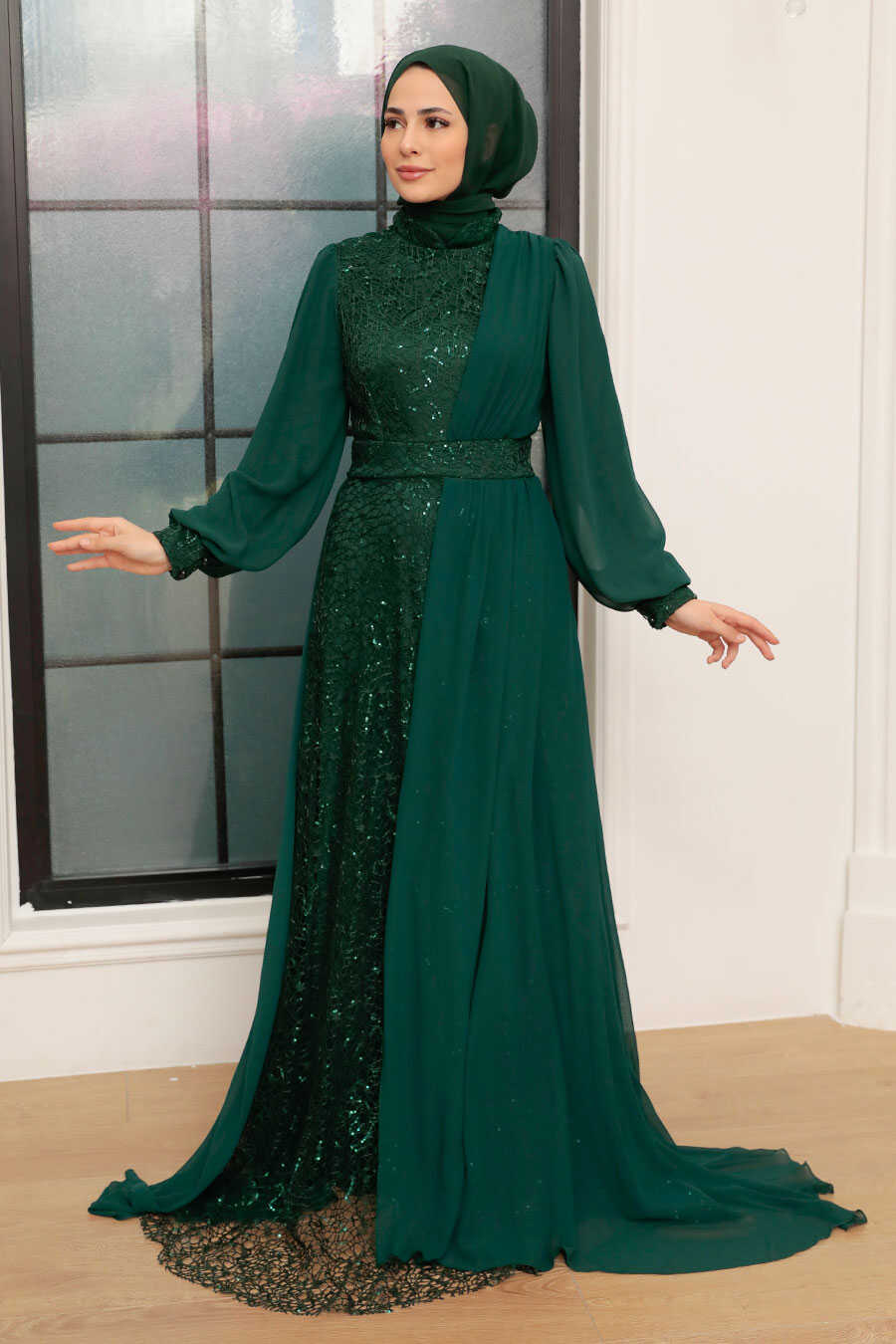Dark Green Hijab Evening Dress 5408KY