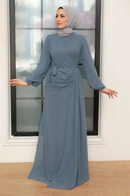 Dark Green Hijab Evening Dress 5711KGR - Thumbnail