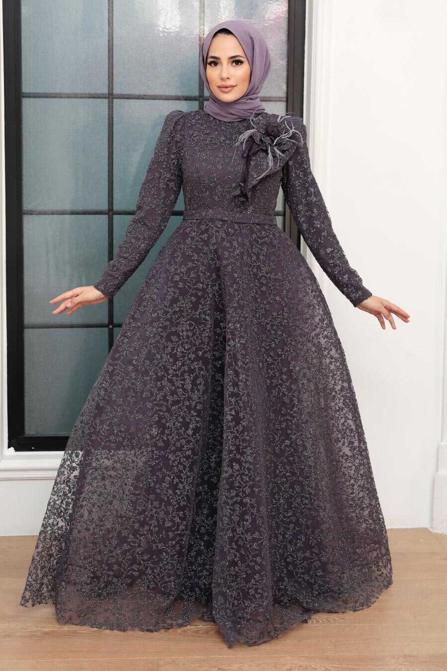 Neva Style - Luxorious Dark Lila Islamic Wedding Dress 22421KLILA