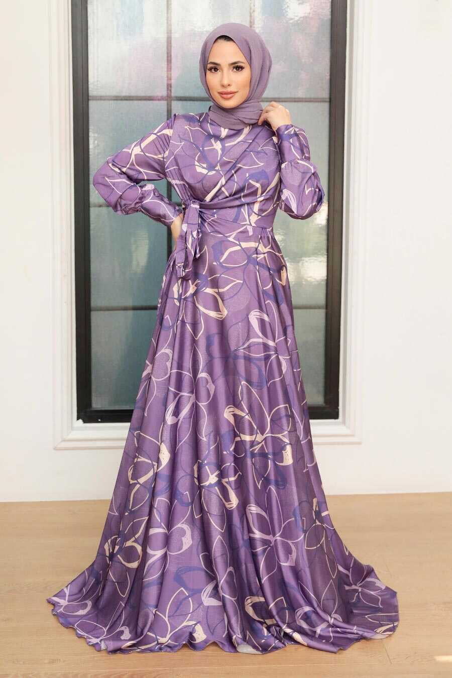 Dark Lila Hijab Evening Dress 3442KLILA