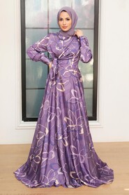 Dark Lila Hijab Evening Dress 3442KLILA - Thumbnail