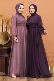Neva Style - Plus Size Dark Lila Islamic Wedding Gown 5478KLILA - Thumbnail