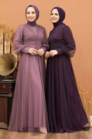 Neva Style - Plus Size Dark Lila Islamic Wedding Gown 5478KLILA - Thumbnail