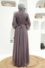 Dark Lila Hijab Evening Dress 55410KLILA - Thumbnail