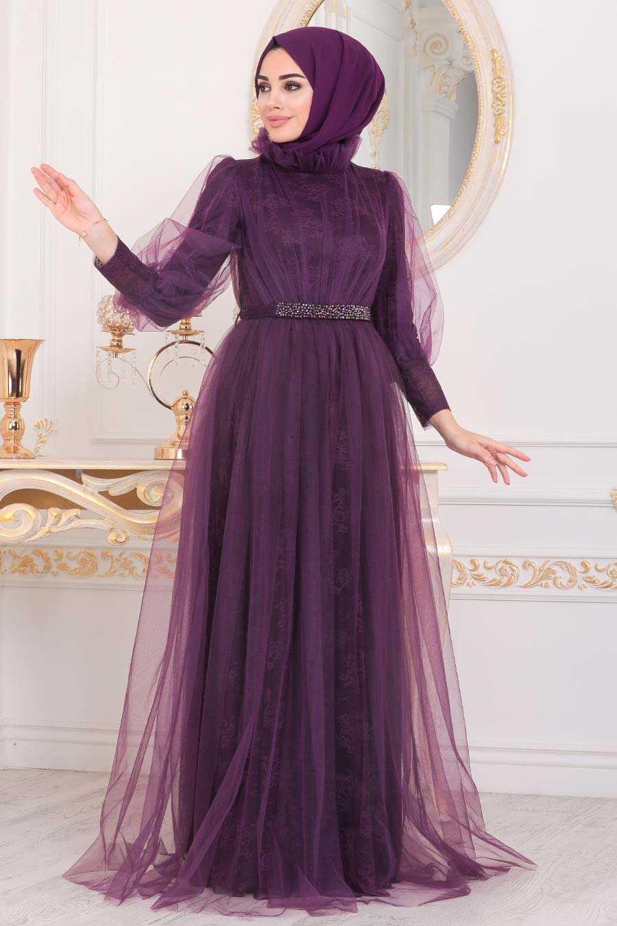 Dark Purple Hijab Evening Dress 40440MU - Neva-style.com