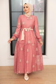 Dark Salmon Pink Hijab Dress 1216KSMN - Thumbnail