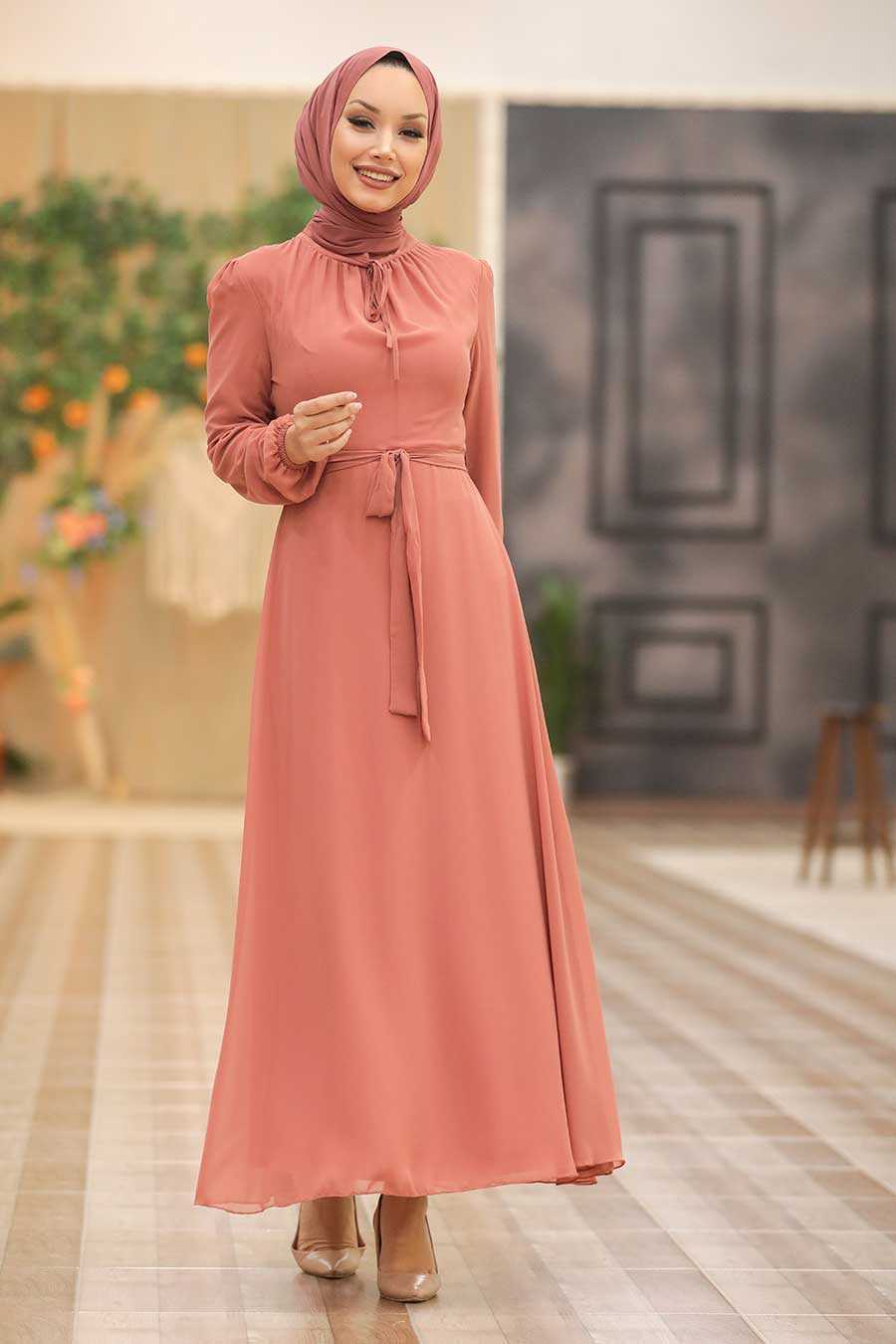 Dark Salmon Pink Hijab Dress 27922KSMN ...