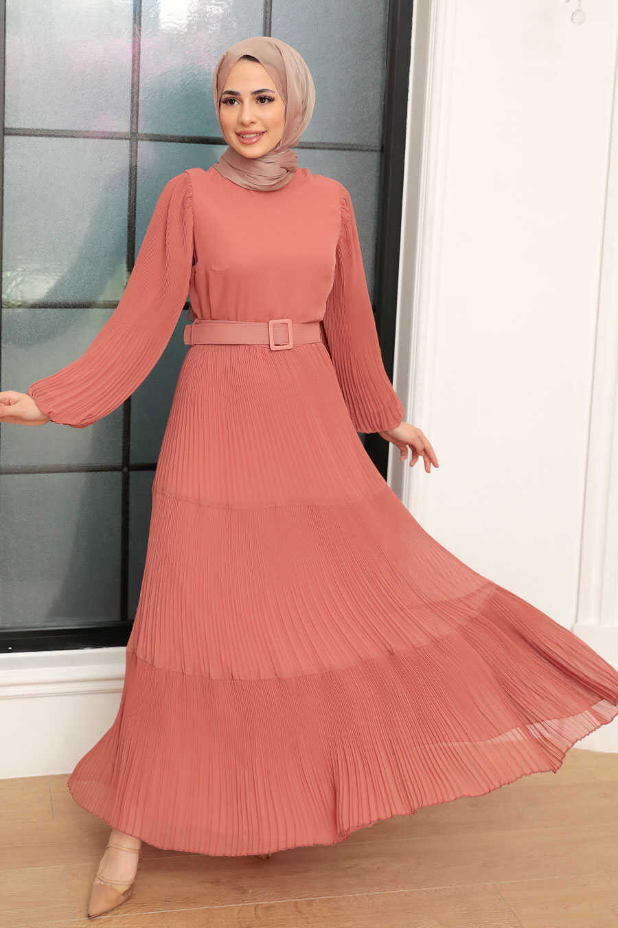 Dark Salmon Pink Hijab Dress 3590KSMN