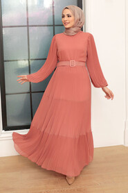 Dark Salmon Pink Hijab Dress 3590KSMN - Thumbnail
