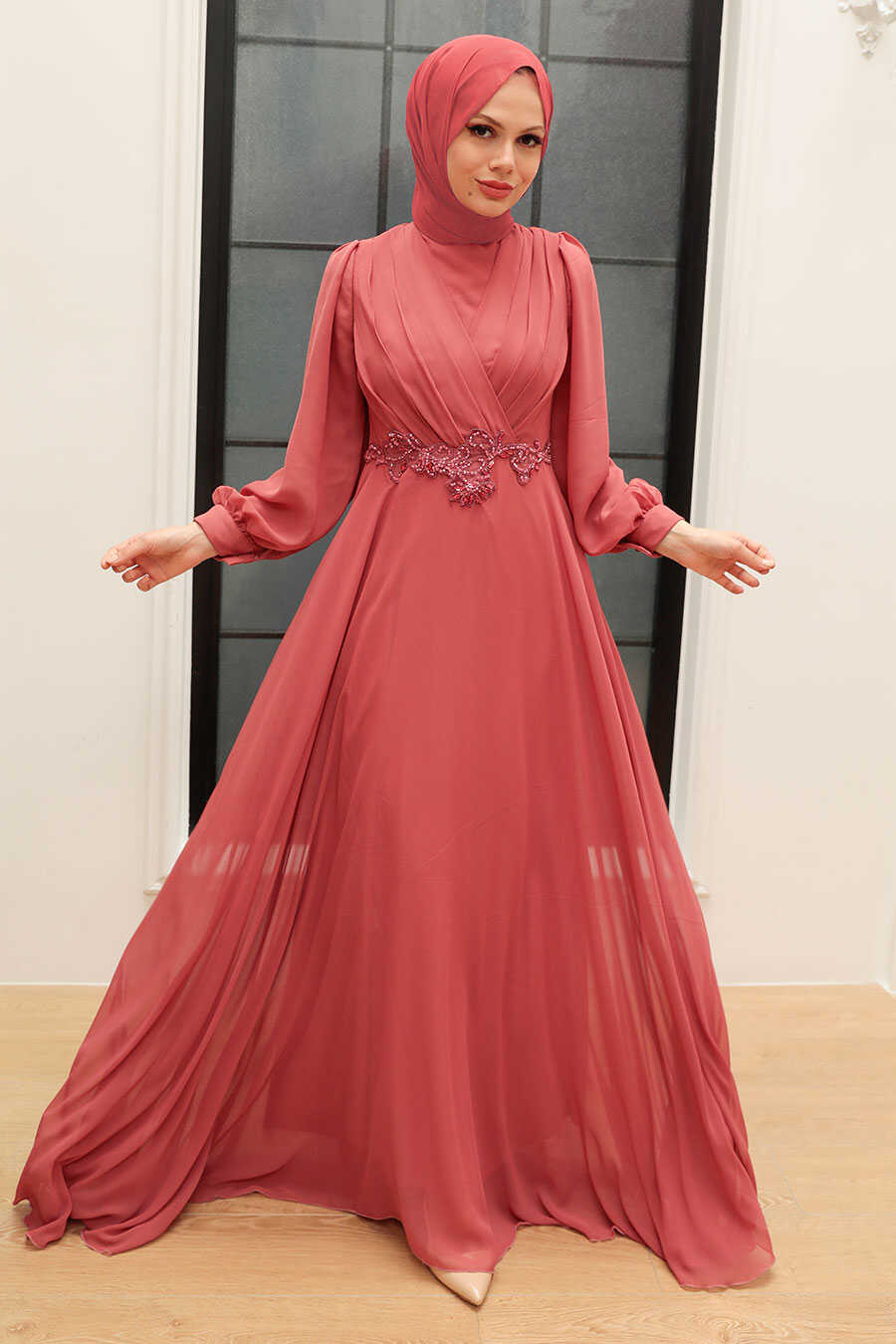 Dark Salmon Pink Hijab Evening Dress 3435KSMN
