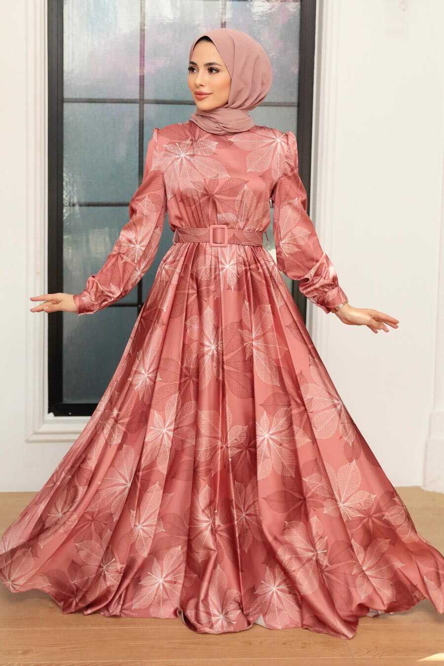 Dark Salmon Pink Hijab Evening Dress 35670KSMN
