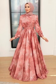 Dark Salmon Pink Hijab Evening Dress 35670KSMN - Thumbnail
