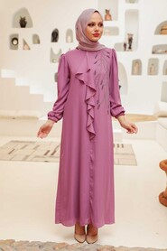 Dusty Rose Hijab Evening Dress 12951GK - Thumbnail