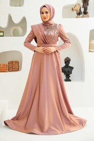 Dusty Rose Hijab Evening Dress 22441GK - Thumbnail