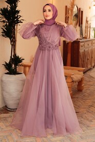 Dusty Rose Hijab Evening Dress 22540GK - Thumbnail