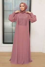 Dusty Rose Hijab Evening Dress 25814GK - Thumbnail