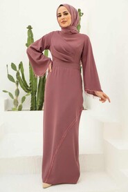 Dusty Rose Hijab Evening Dress 33150GK - Thumbnail