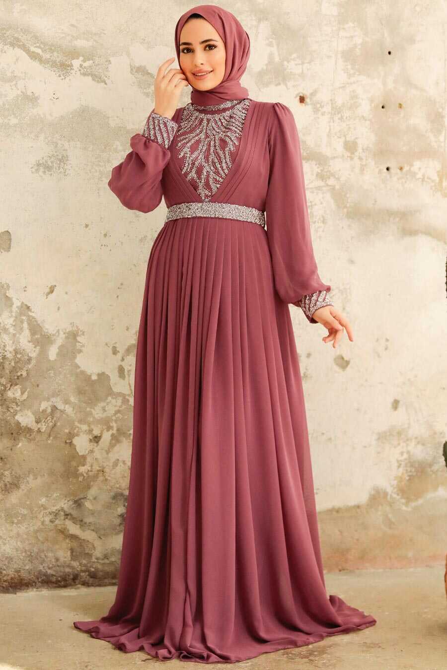 Neva Style - Elegant Dusty Rose Muslim Long Sleeve Dress 3773GK