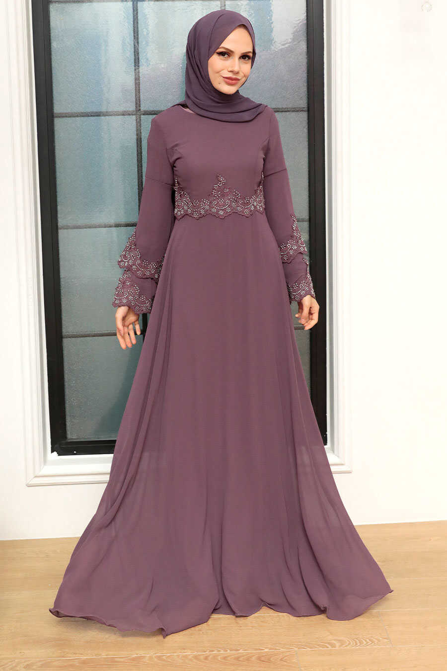 Dusty Rose Hijab Evening Dress 9181GK