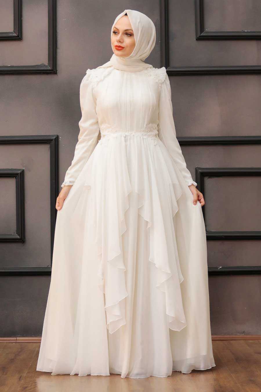 Ecru Hijab Evening Dress 21850E - Neva-style.com