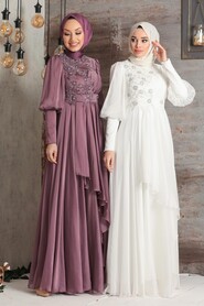 Neva Style - Modern Ecru Islamic Bridesmaid Dress 21930E - Thumbnail