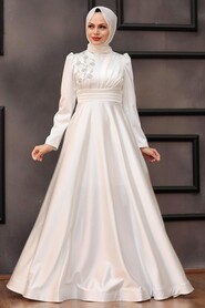 Ecru Hijab Evening Dress 22010E - Thumbnail