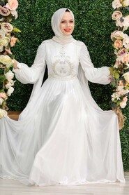 Ecru Hijab Evening Dress 2212E - Thumbnail