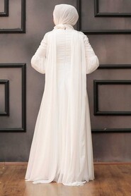 Ecru Hijab Evening Dress 2212E - Thumbnail