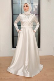Ecru Hijab Evening Dress 22401E - Thumbnail