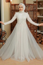 Ecru Hijab Evening Dress 22694E - Thumbnail