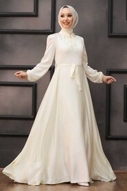 Ecru Hijab Evening Dress 25130E - Thumbnail